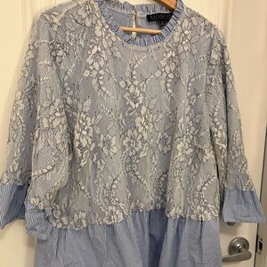 Eloquii White Lace Overlay on Blue Stripe Top